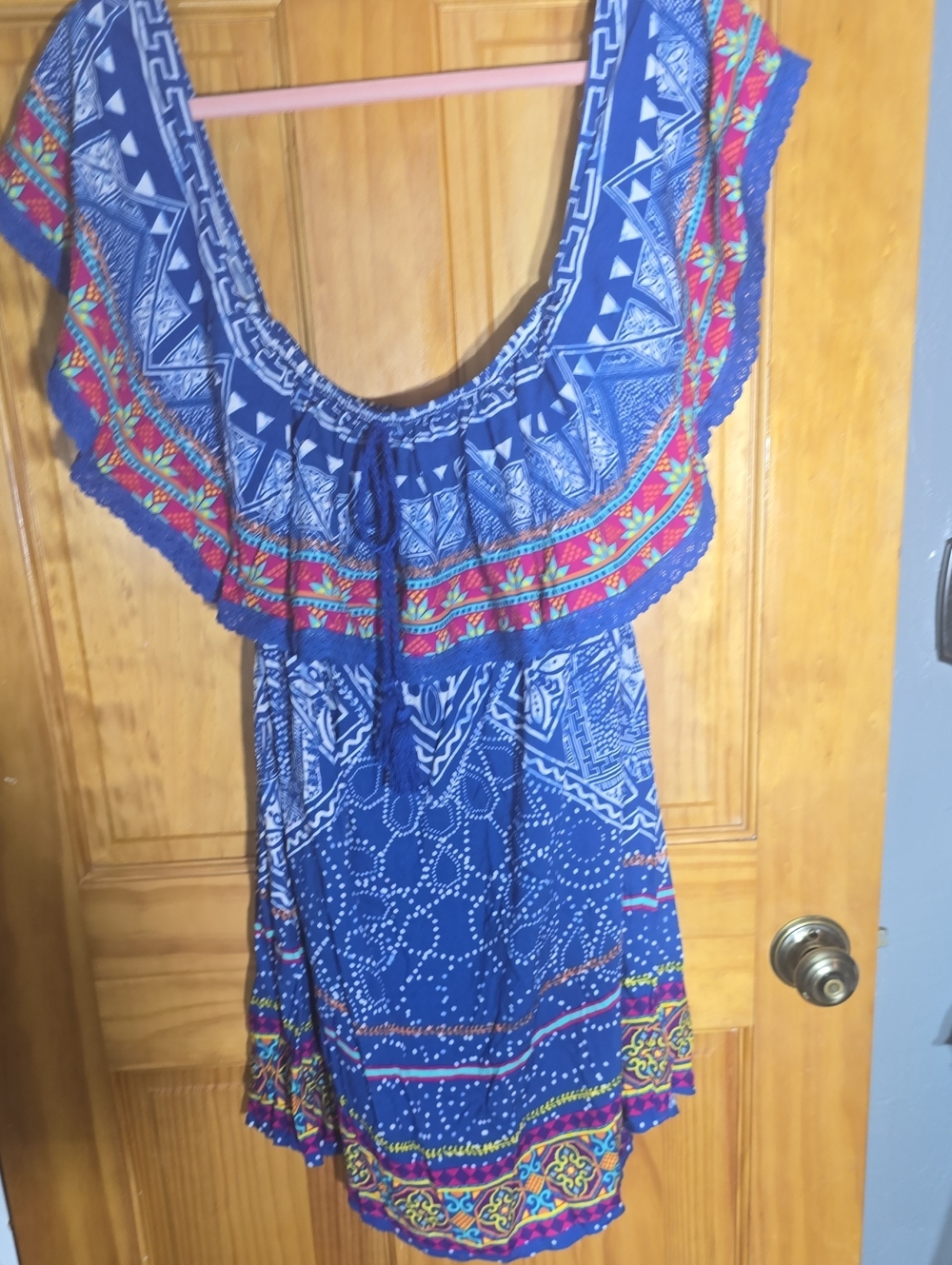 FLYING TOMATOES Blue Boho Off-Shoulder Ruffle Dress with Multicolor Trim MED